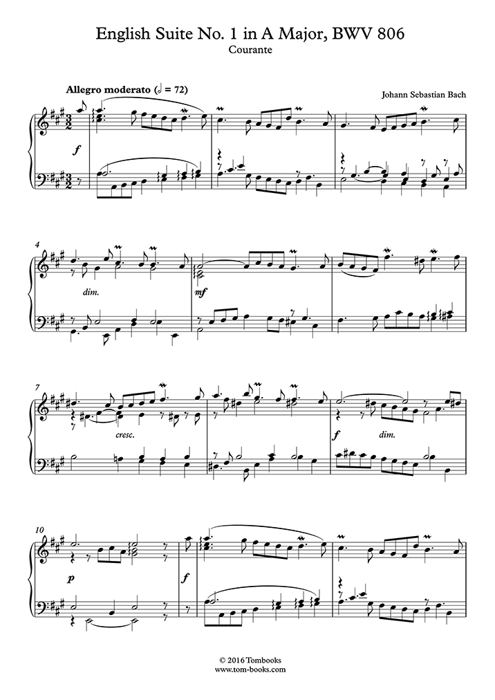 Suite in A Major Courante PIANO Sheet Music to download and print