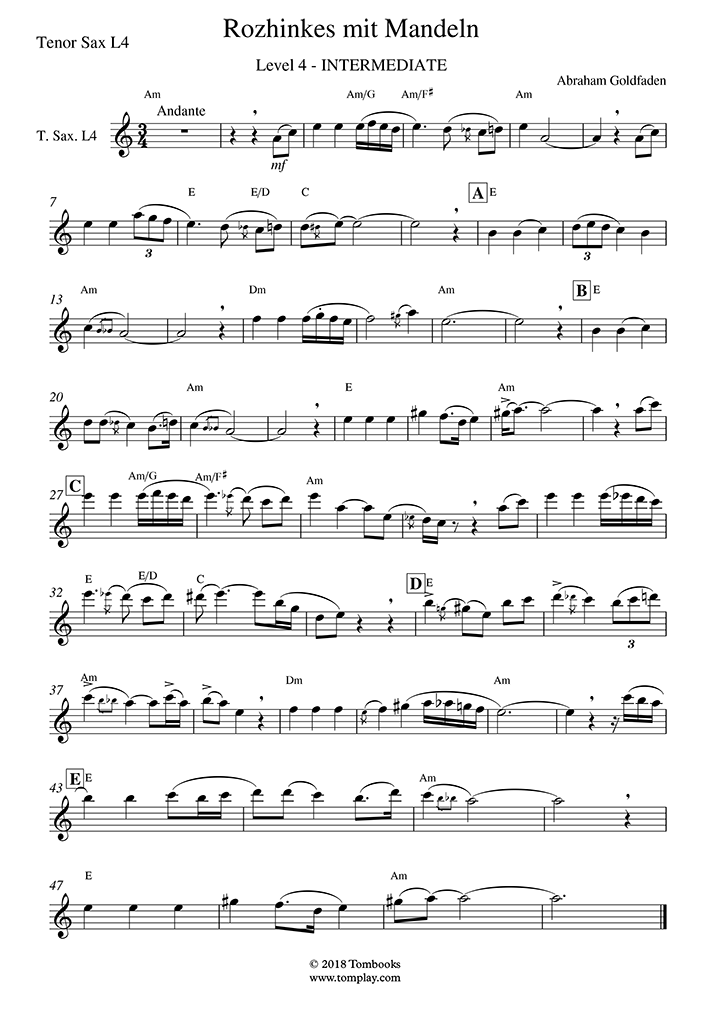 Rozhinkes mit Mandlen (Raisins and Almonds) (Klezmer, Tenor Sax