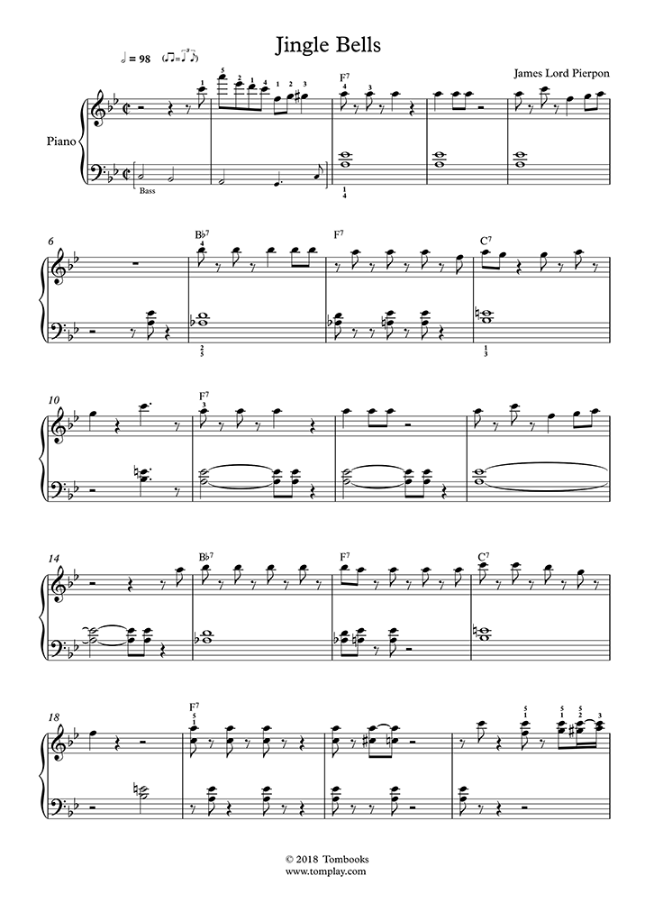 Piano Sheet Music Jingle Bells Jazzy Intermediate Level Pierpont