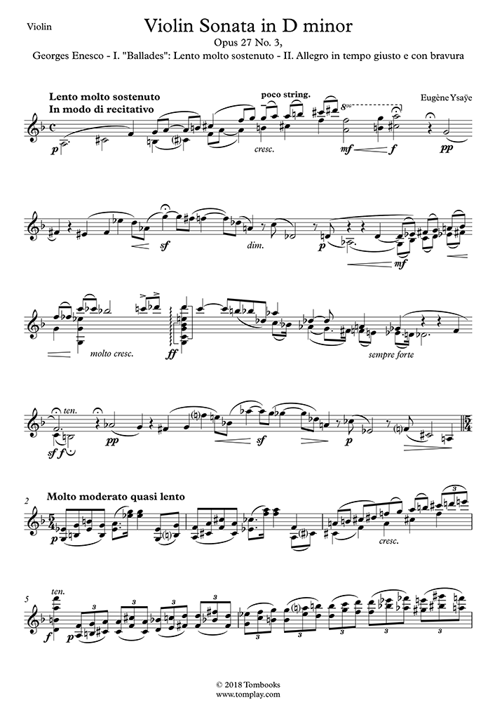 Violin Sheet Music Violin Sonata No 3 In D Minor Opus 27 Georges Enesco I Ballades Lento Molto Sostenuto Ii Allegro In Tempo Giusto E Con Bravura Ysaye