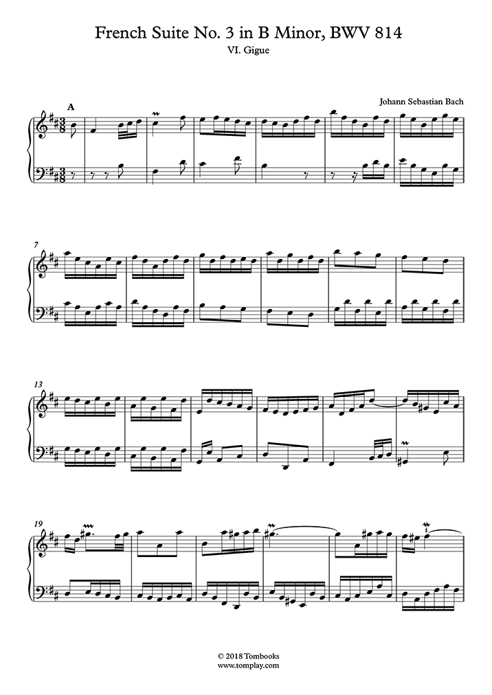 French Suite No. 3 in B minor, BWV 814 VI. Gigue (Bach) Piano Sheet