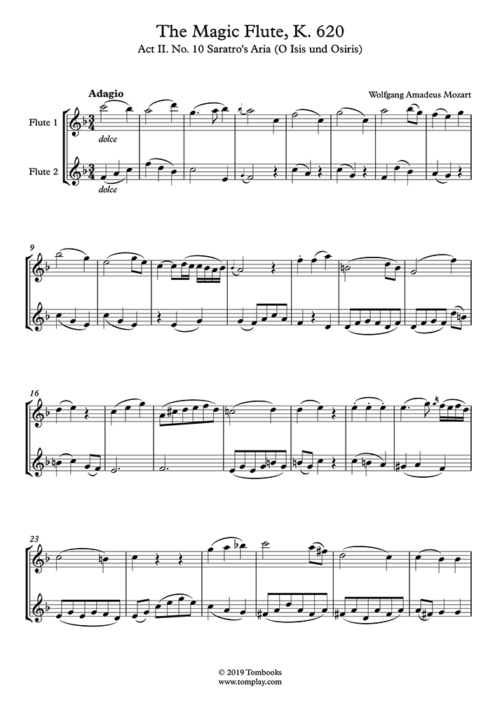 The Magic Flute, K. 620 Act II. No. 10 Sarastro's Aria (O Isis und Osiris) (Mozart) Flute
