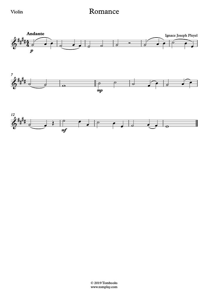 Violin Sheet Music Romance No. 6, Opus 8 Andante (Pleyel)