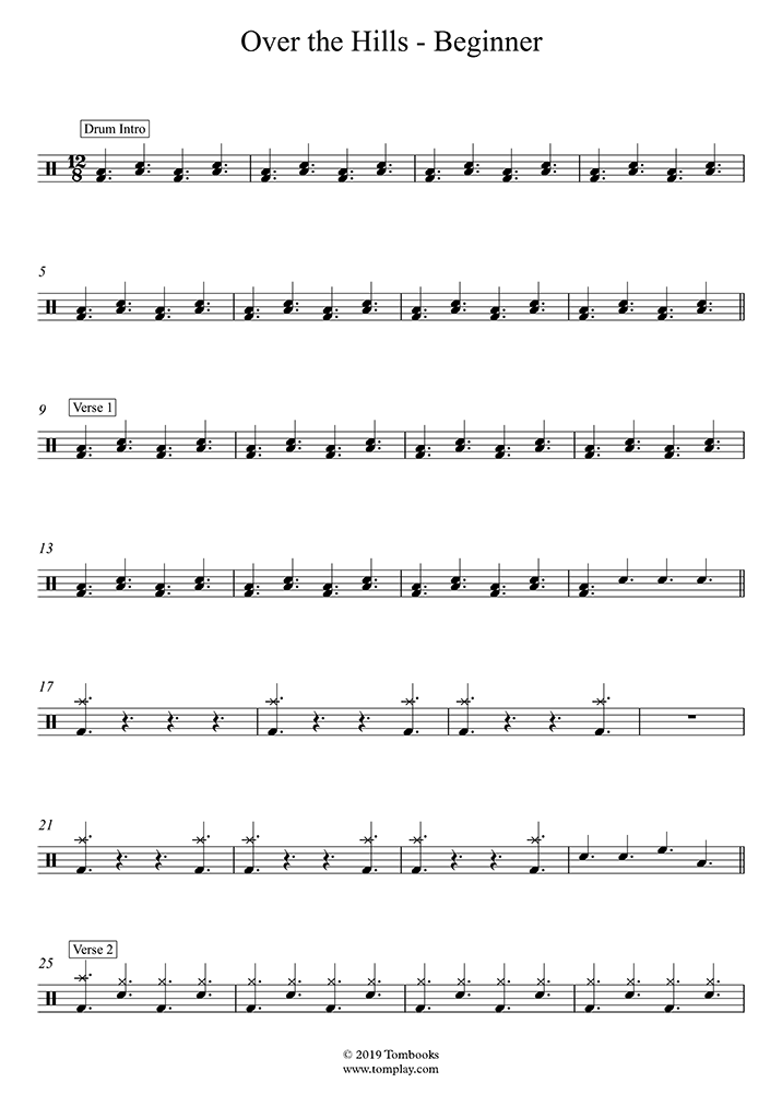 Drums Sheet Music Over The Hills And Far Away Beginner Level Nightwish