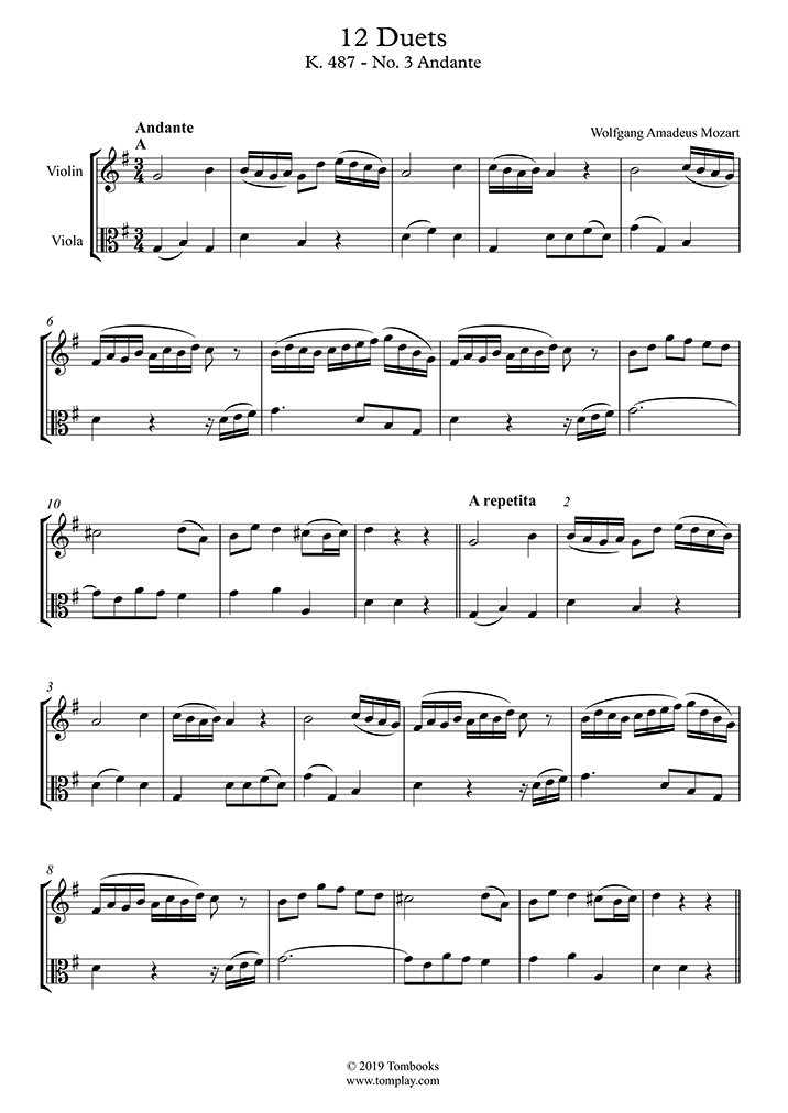 12 Duets, K. 487 No. 3 Andante (Mozart) Violin Sheet Music