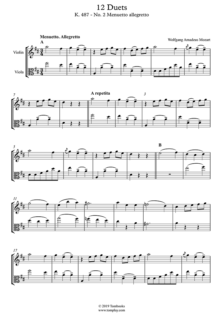 Violin Sheet Music 12 Duets K 487 No 2 Menuetto Allegretto Mozart — wiener mozart ensemble, willi boskovsky, вольфганг амадей моцарт. violin sheet music 12 duets k 487 no 2 menuetto allegretto mozart