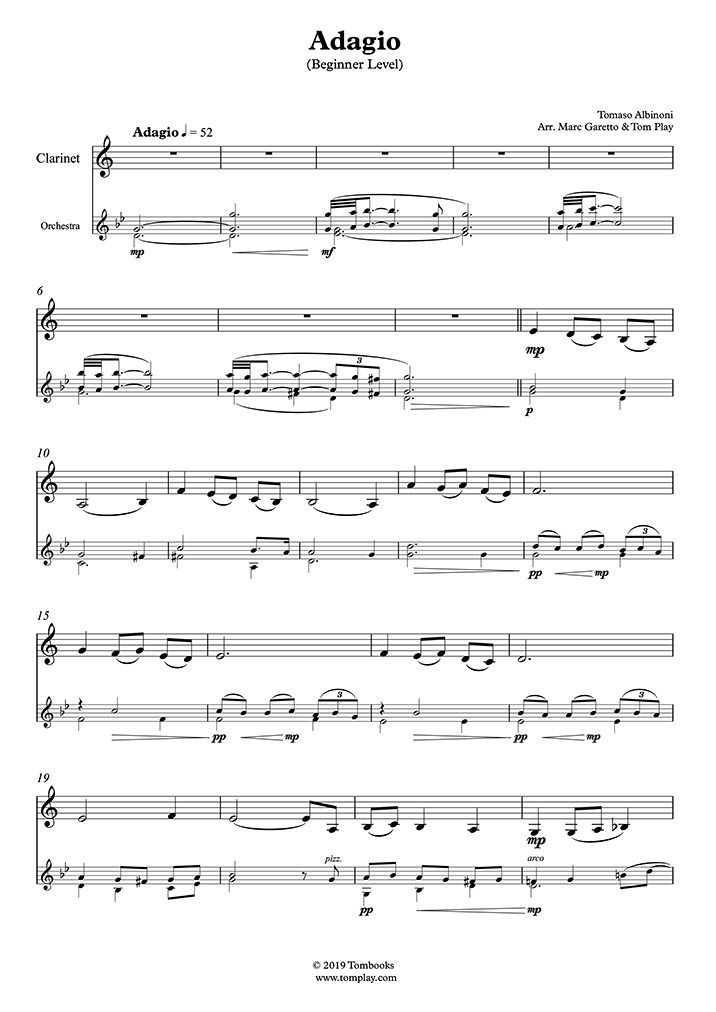 Klarinette-Musiknoten Adagio (Anfänger) (Albinoni)