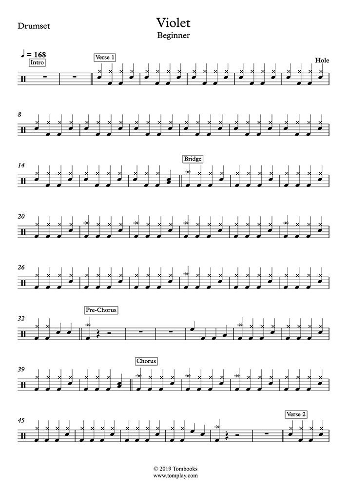 Drums Sheet Music Violet Beginner Level Hole