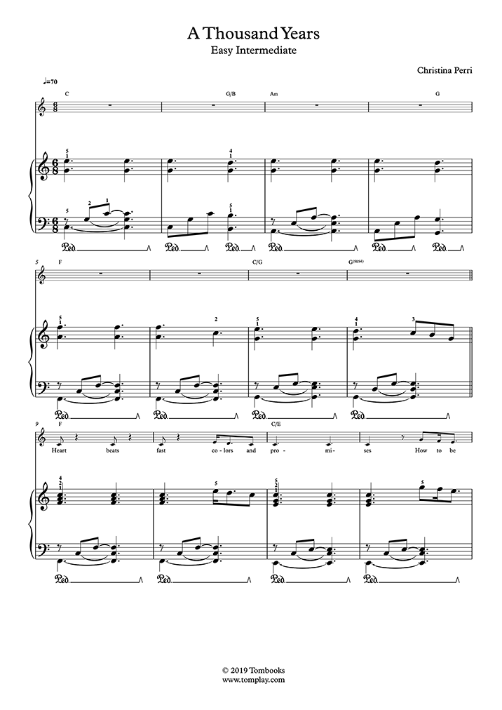 Piano Sheet Music A Thousand Years Easy Intermediate Level Solo Piano Perri