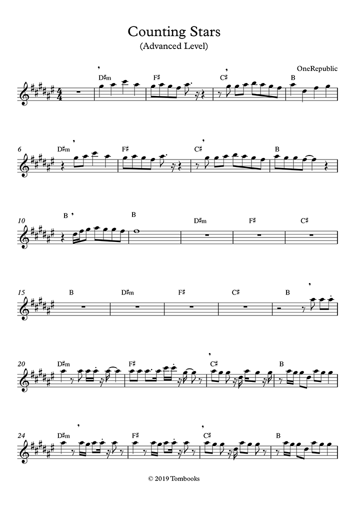 Counting Stars (Advanced Level, Soprano Sax) (OneRepublic) Saxophone