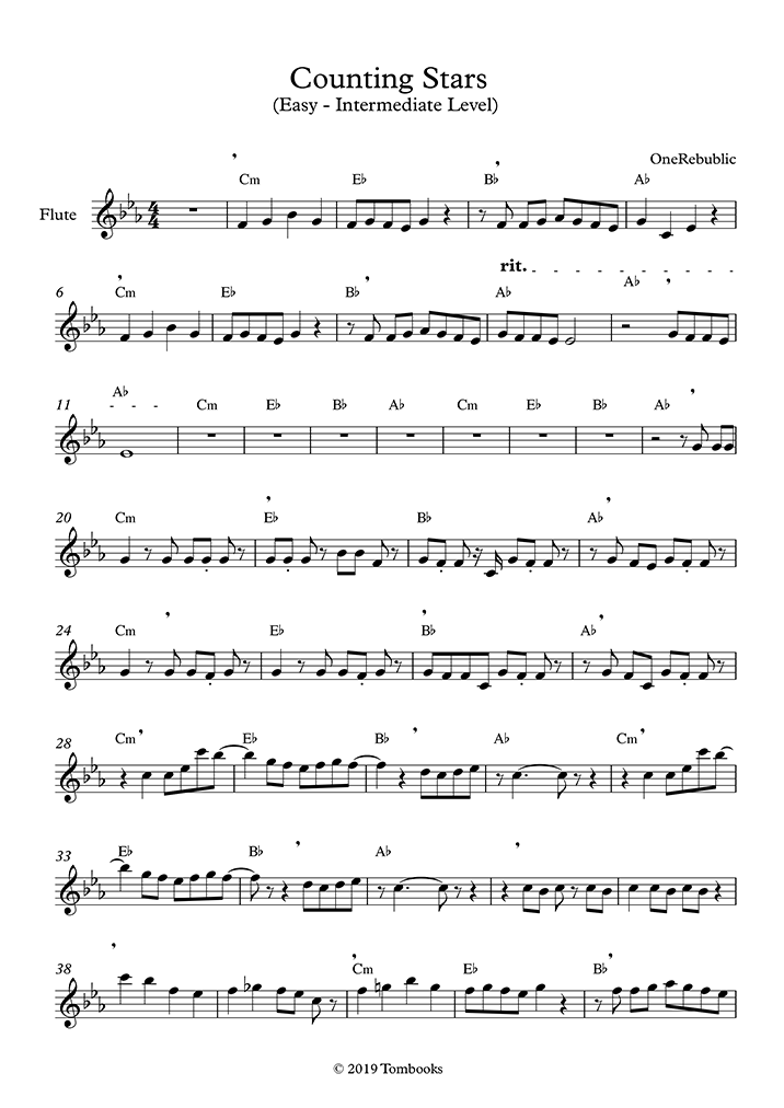 Flute Sheet Music Counting Stars (Easy/Intermediate Level) (OneRepublic)
