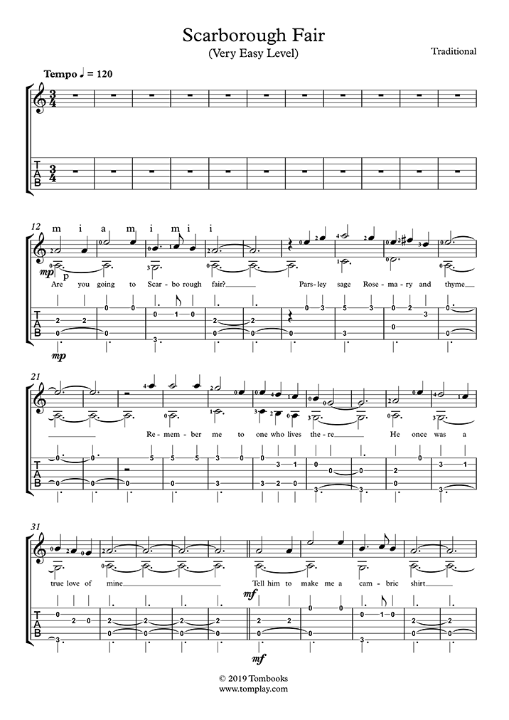 スカボロー フェア 超初級 オーケストラ 伝承曲 ギター タブ譜と楽譜
