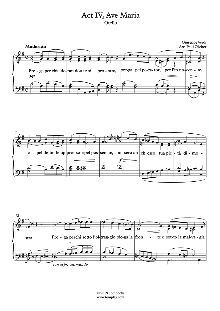 Piano Sheet Music Otello Act Iv Ave Maria Verdi