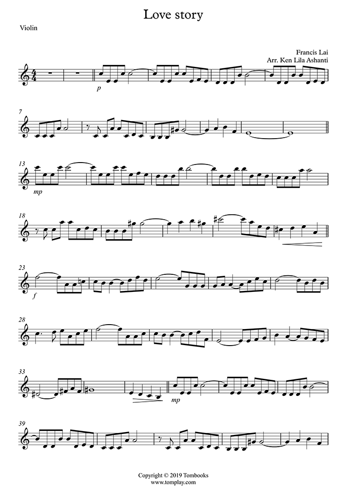 Love Story (Easy/Intermediate Level) (Francis Lai) - Violin Sheet Music