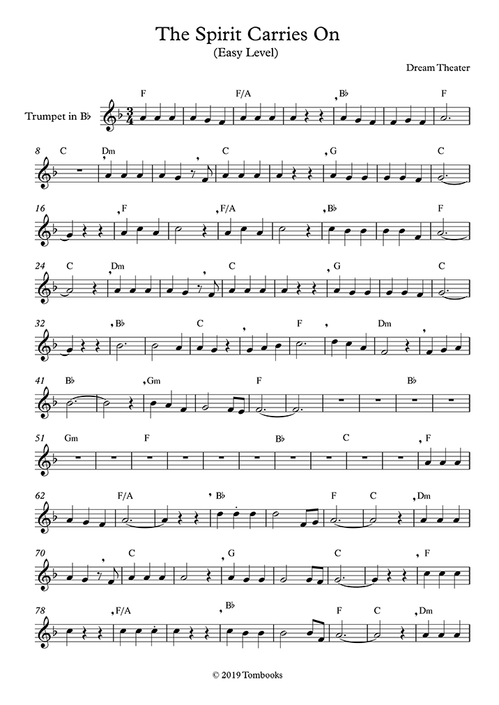 Trumpet Sheet Music The Spirit Carries On (Easy Level