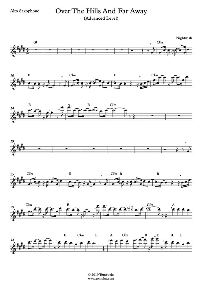 Saxophone Sheet Music Over The Hills And Far Away Advanced Level Alto Sax Nightwish