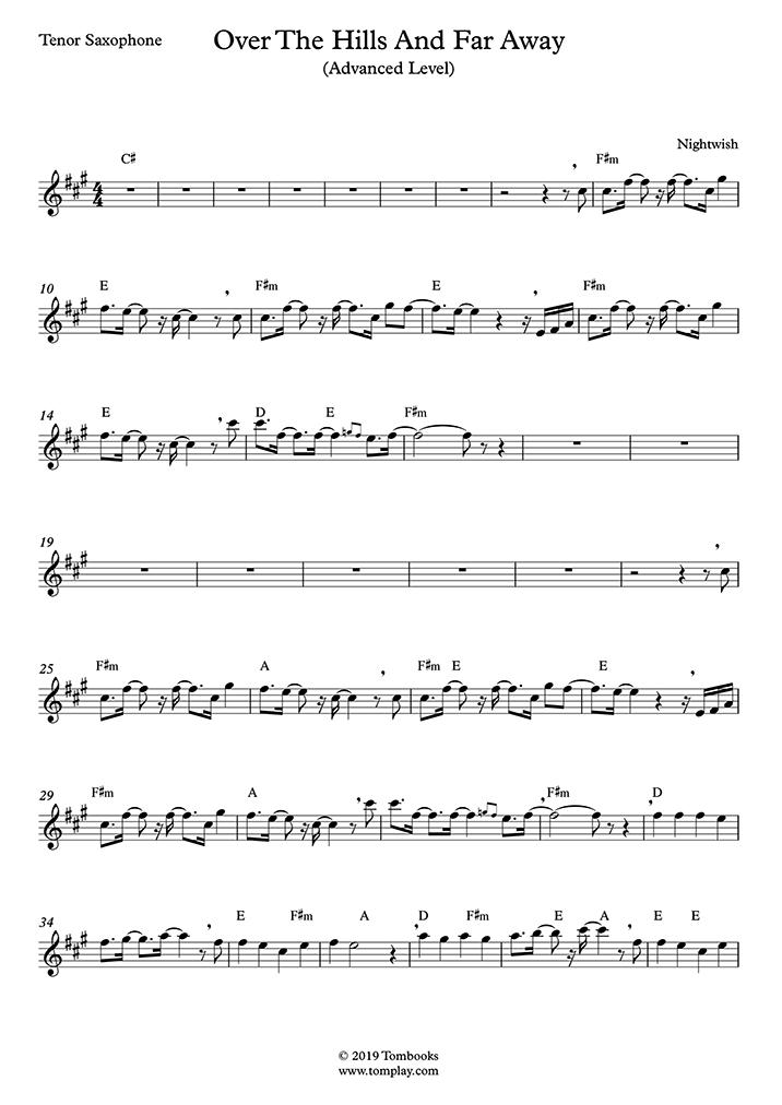 Saxophone Sheet Music Over The Hills And Far Away Advanced Level Tenor Sax Nightwish