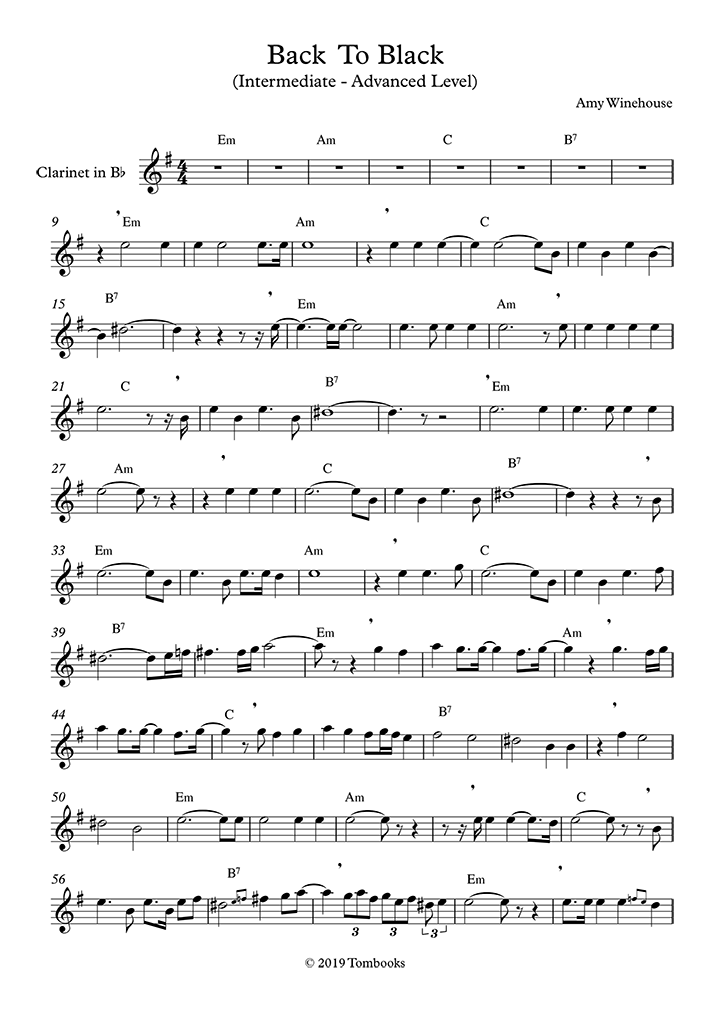 Clarinet Sheet Music Back To Black Intermediate Advanced Level Amy Winehouse