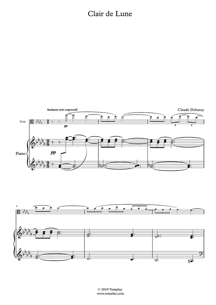 Piano Sheet Music Suite Bergamasque L 75 No 3 Clair De Lune Moonlight Debussy