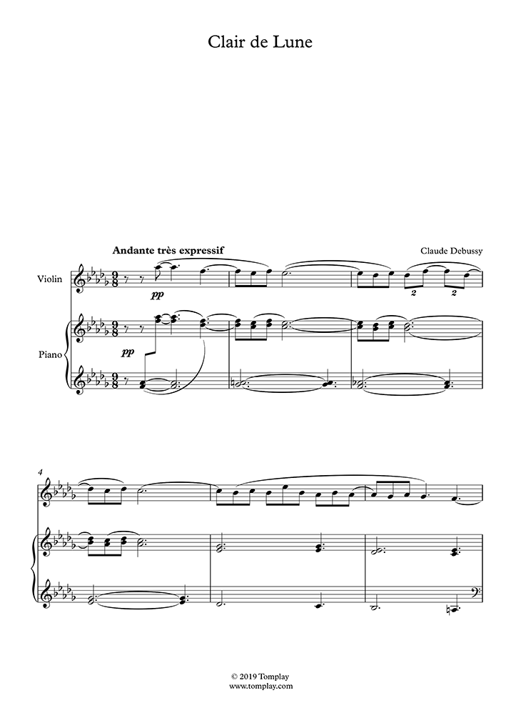 Violin Sheet Music Suite Bergamasque L 75 No 3 Clair De Lune Moonlight Debussy