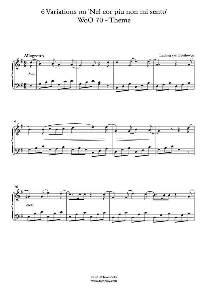 Piano Sheet Music 6 Variations On Nel Cor Piu Non Mi Sento Woo 70 Theme Beethoven