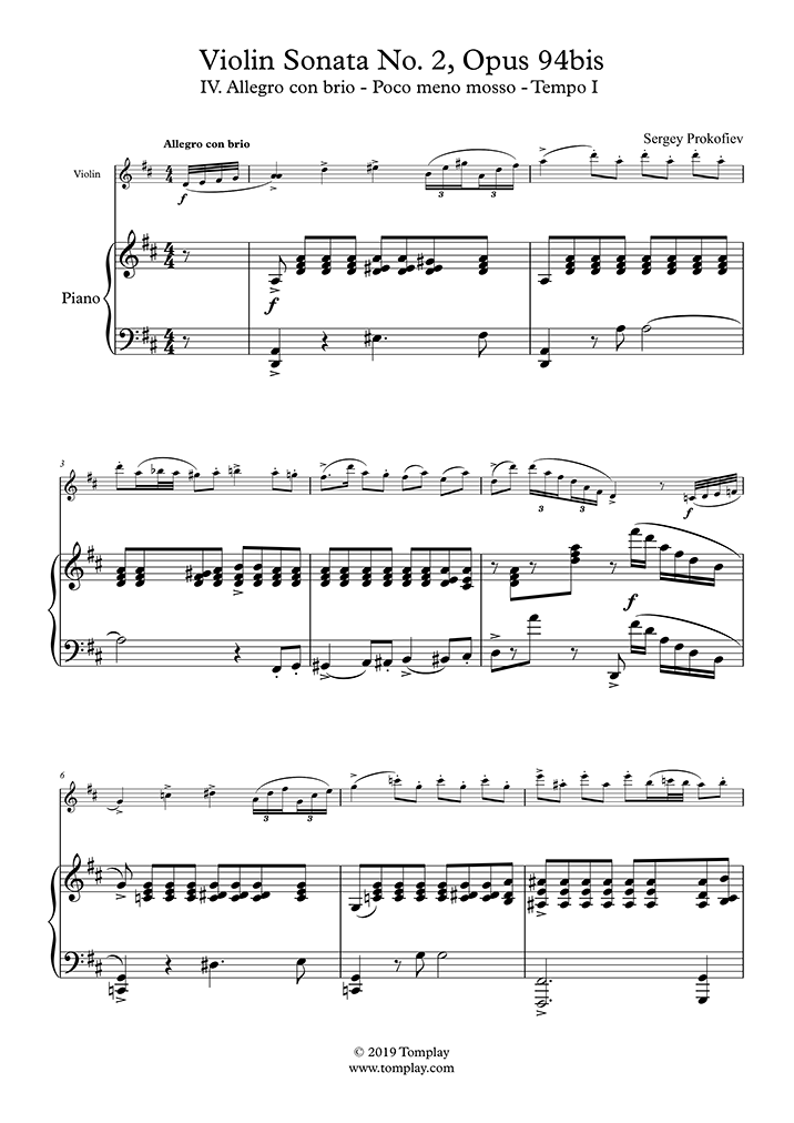 Piano Sheet Music Violin Sonata No. 2 in D Major, Opus 94bis IV