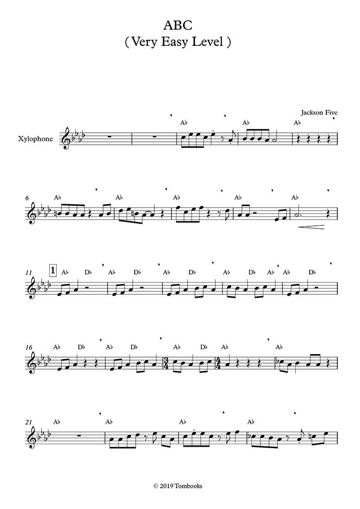 Partition Percussions ABC (niveau très facile, xylophone) (Jackson 5)