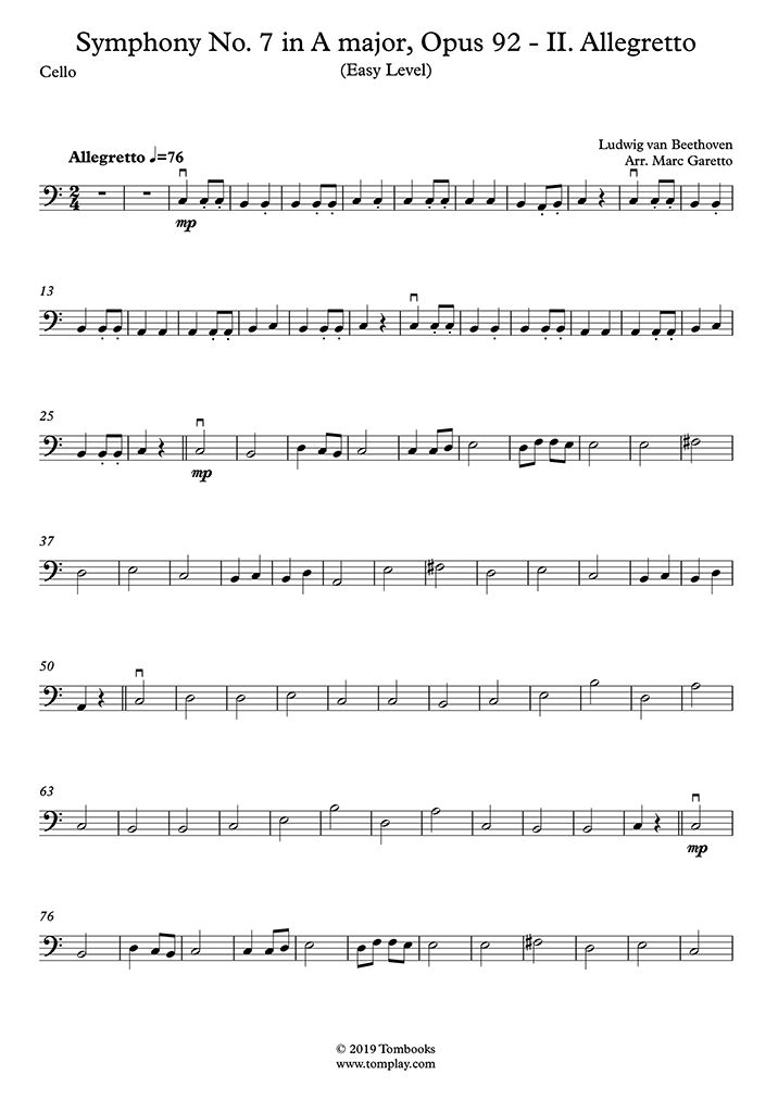 Symphonie n° 7 en la majeur, Opus 92 II. Allegretto (niveau facile