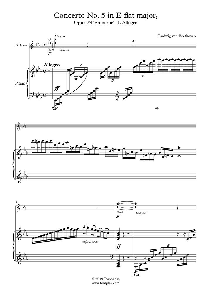 Damp rear master's degree Free sheet music Opus 73, (Beethoven, Ludwig van) Piano Concerto No. 5 in  E-flat major "Emperor"