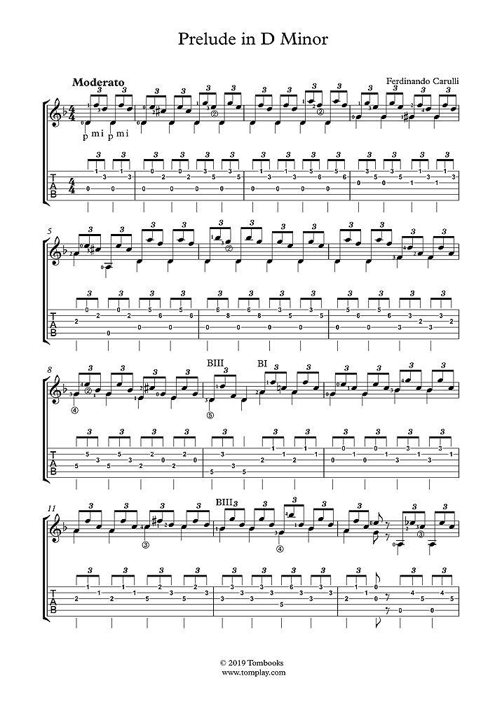 Guitar Tabs and sheet music Prelude in D minor (Carulli)