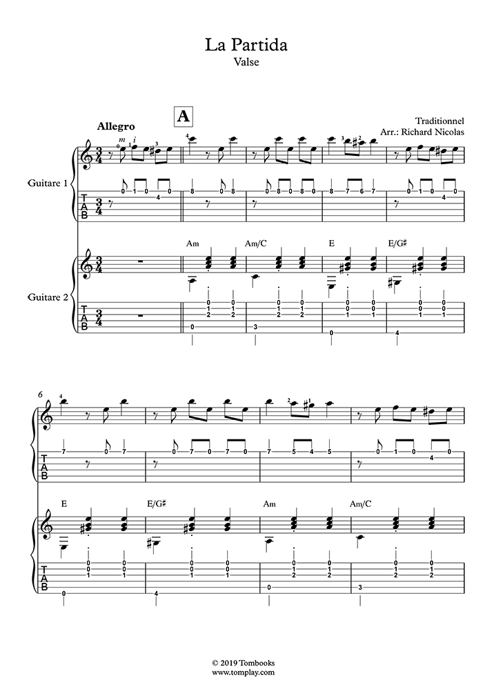 Free Sheet Music Traditional La Partida Guitar Solo With Tabs