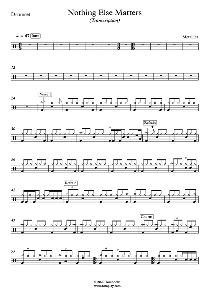 Drums Sheet Music Nothing Else Matters Original Version Advanced Level Metallica