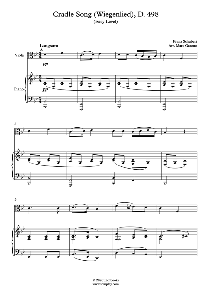 Cradle Song (Wiegenlied), D. 498 (Easy Level) (슈베르트) 비올라 악보