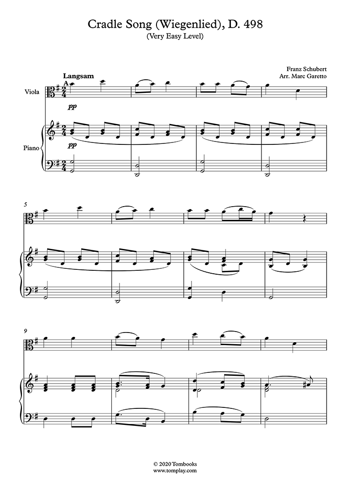Cradle Song (Wiegenlied), D. 498 (Very Easy Level) (슈베르트) 비올라 악보