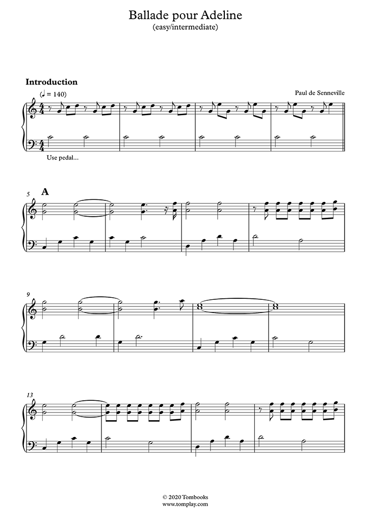 Ballade pour Adeline (Easy/Intermediate Level) (Clayderman RichardDe Senneville Paul) Piano