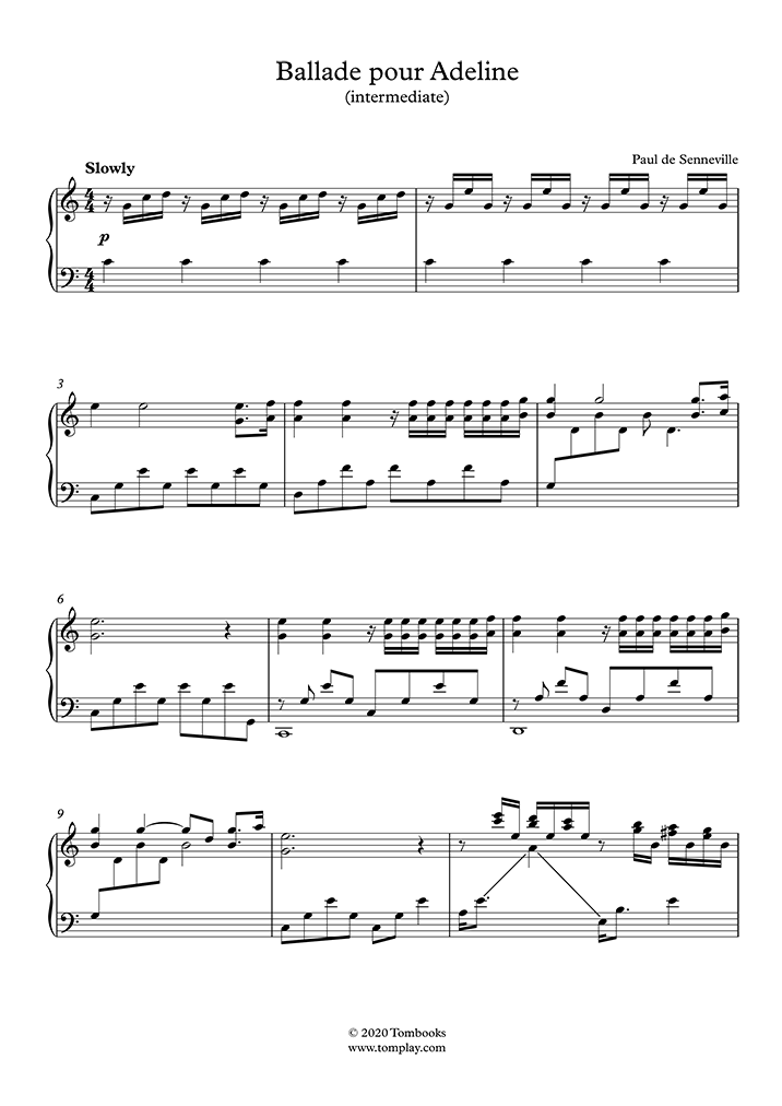Piano Sheet Music Ballade Pour Adeline Original Version Intermediate Level Clayderman Richard