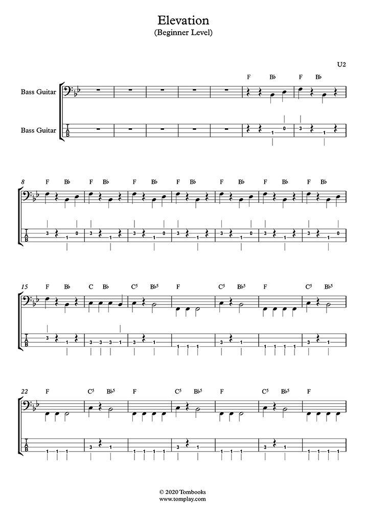  Bass  Sheet  Music  Elevation Beginner Level U2 