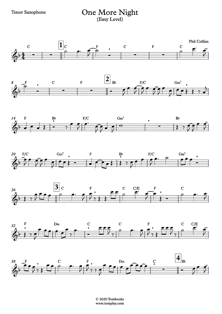 Saxophone Sheet Music One More Night Easy Level Tenor Sax Collins Phil