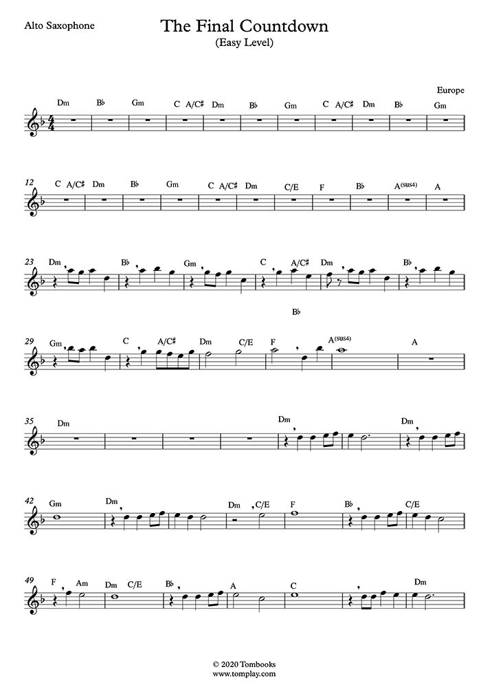 Saxophone Sheet Music The Final Countdown Easy Level Alto Sax Europe