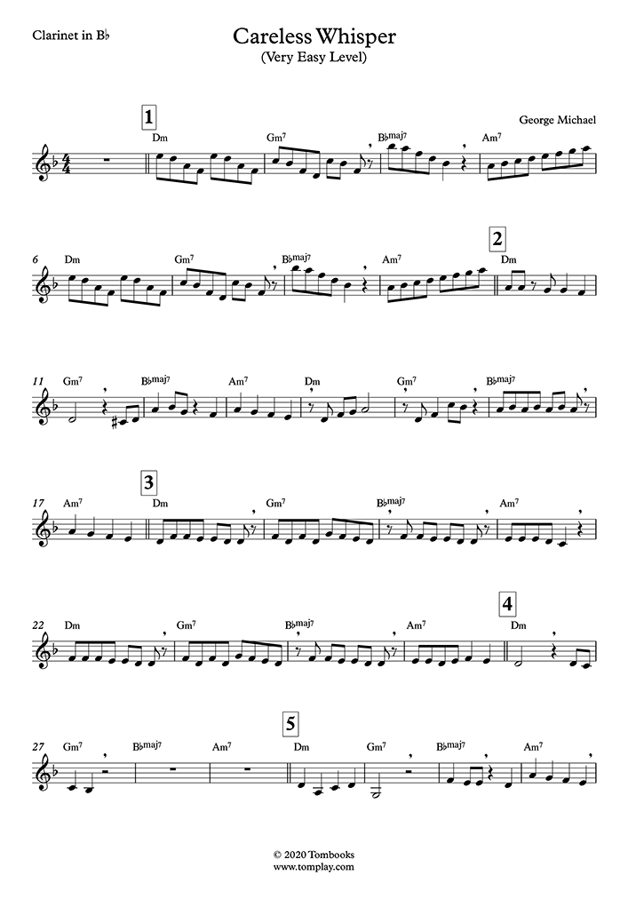 Careless Whisper (Easy/Intermediate Level) (George Michael) - Clarinet Shee...