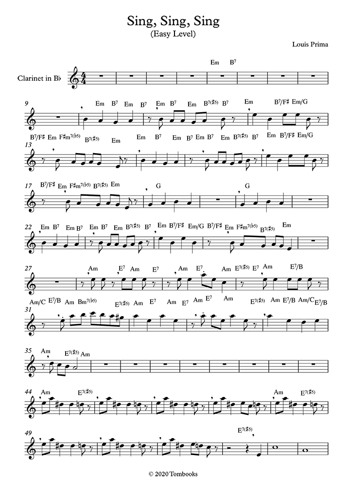 Clarinet Sheet Music Sing Sing Sing With A Swing Easy Level Louis Prima