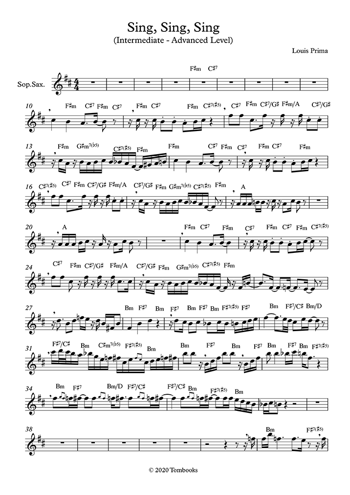 Saxophone Sheet Music Sing Sing Sing With A Swing Intermediate Advanced Level Soprano Sax Louis Prima