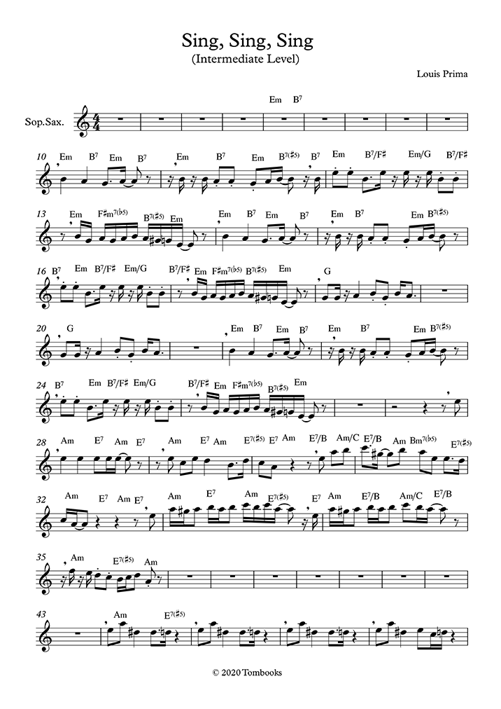 Saxophone Sheet Music Sing Sing Sing With A Swing Intermediate Level Soprano Sax Louis Prima