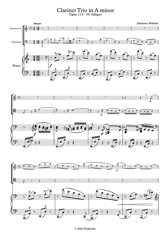 Trio in A minor, Opus 114 IV. Allegro (Brahms) Piano Sheet