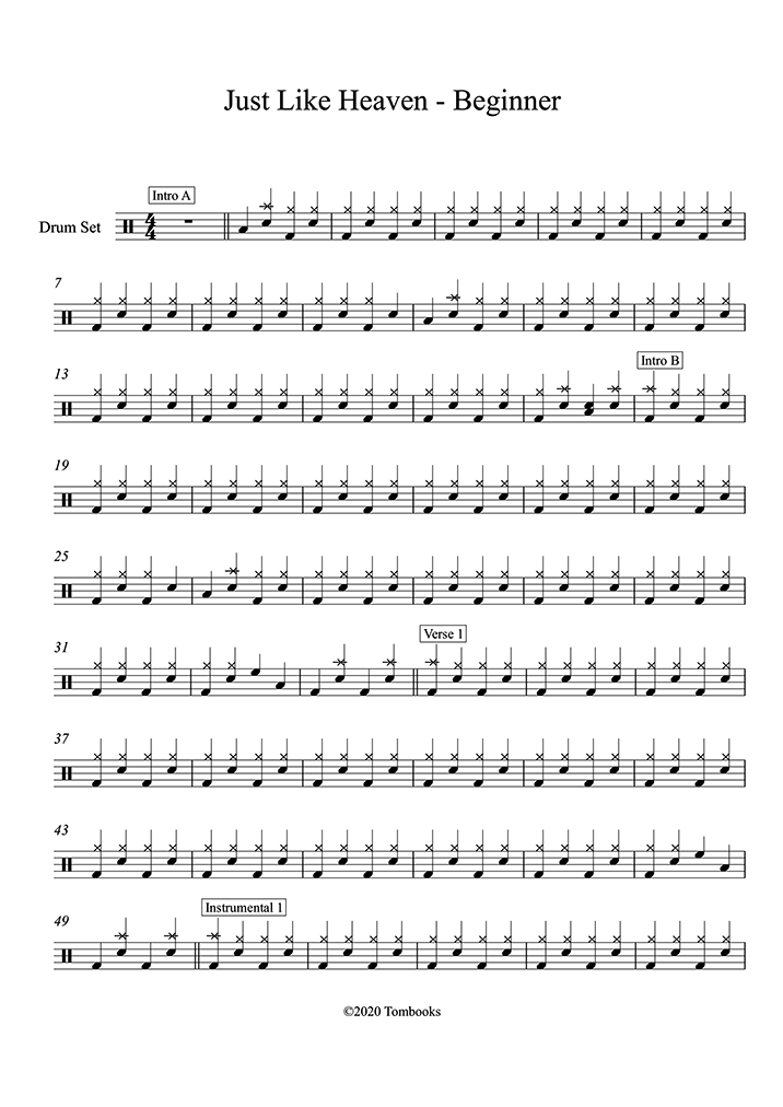 Partition Batterie Just Like Heaven (niveau débutant) (The Cure )