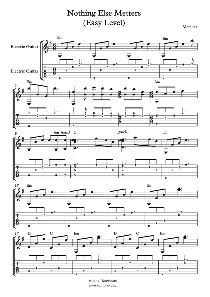 Guitar Tabs and sheet music Nothing Else Matters (Easy ...