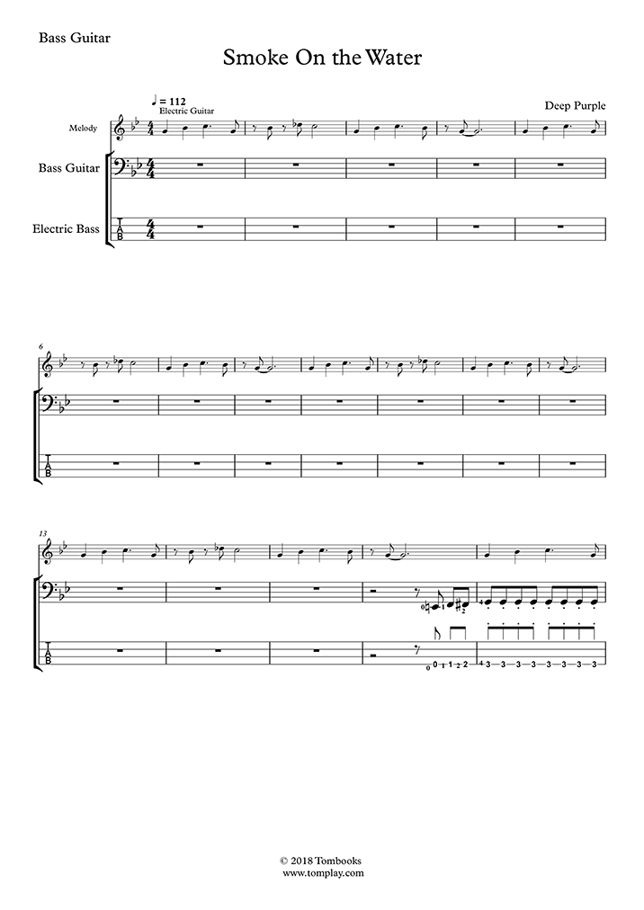 バスギター用 スモーク オン ザ ウォーター 初級 ディープ パープル のタブ譜 楽譜