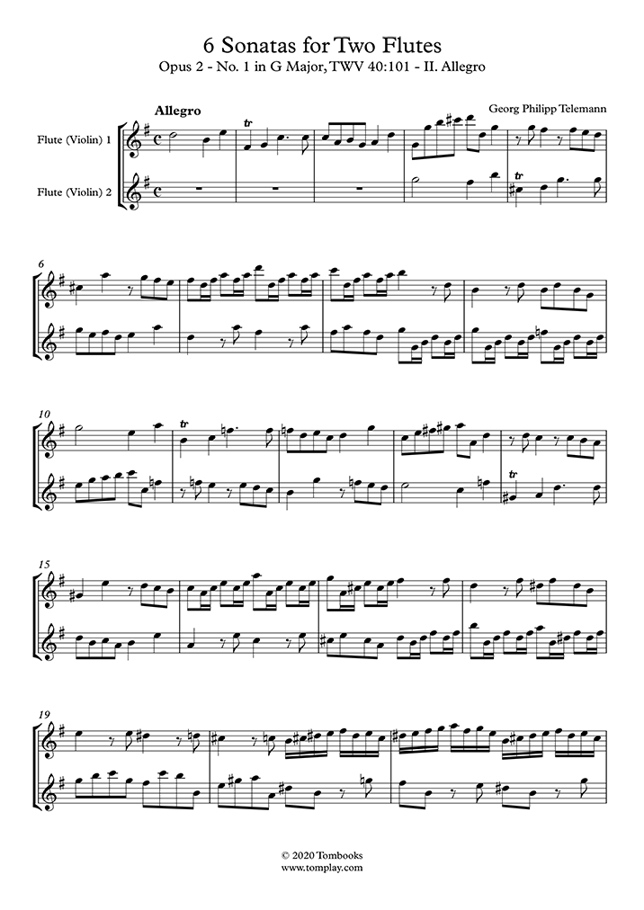 6 Sonatas For Two Flutes Opus 2 No 1 In G Major Twv 40101 Ii Allegro Violin 1 텔레만 