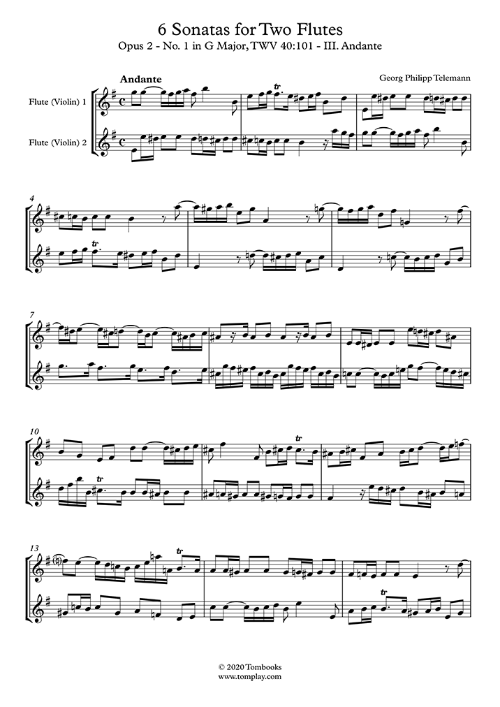 6 Sonatas For Two Flutes Opus 2 No 1 In G Major Twv 40101 Iii Andante Violin 1 