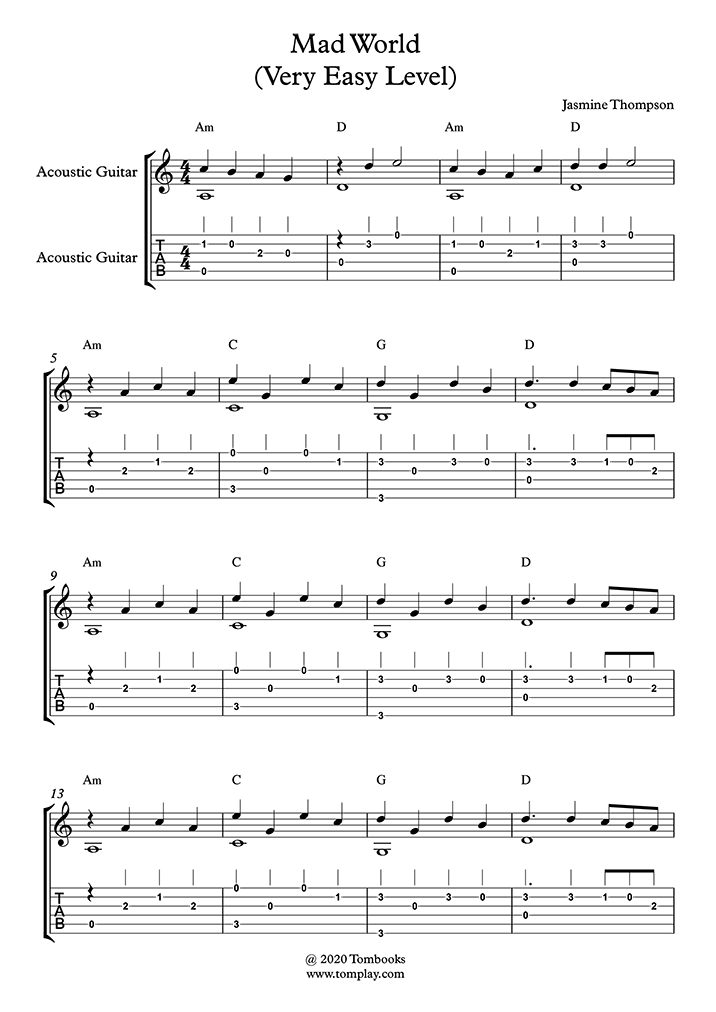 Mad World (niveau très facile, avec Band) (Thompson) Tablature et partition Guitare